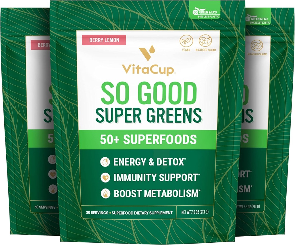 VitaCup Super Green Powder Smoothie & Juice Mix w / 50 + Premium Superfoods, fordøjelsessygdomme, Bloating Relief, Detox, Gut Health w / Probiotika, Antioxidanter, Berry Lemon, 30 Servere Hver, 3 poser