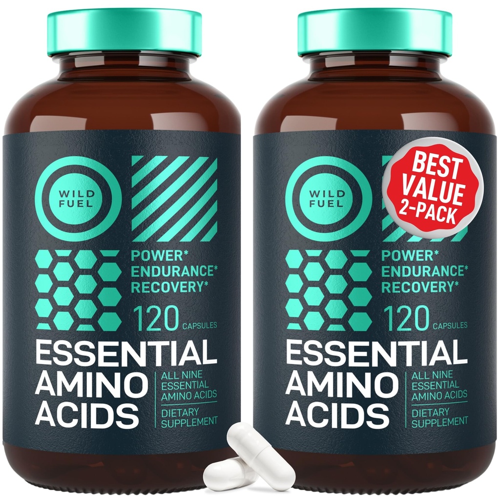 WILD FUEL Essential Aminosyrer Supplement for kvinder og mænd - Alle 9 BCAAs Aminosyre Complex for Power and Recovery - EAA Lysin, Tryptophan, Isoleucin - 2 Pack 240 Vegan BCAA kapsler
