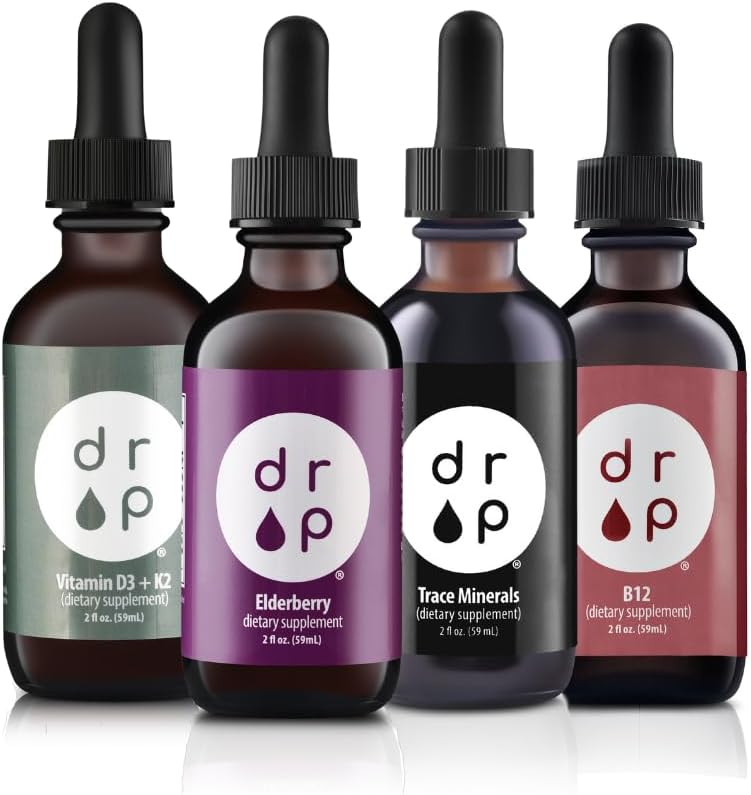 Drop Supplements Organic Trace Minerals, Elderberry, Vitamin B12 and Vitamin D3+K2 Drops Bundle