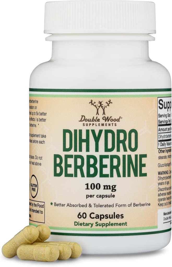 Dihydroberberine Supplement 100mg, 60 kapsler (Patenteret GlucoVantage Super Berberine, kan være 5X mere effektiv end Berberine med færre bivirkninger) Tredjeparts testet, Vegan Safe by Double Wood