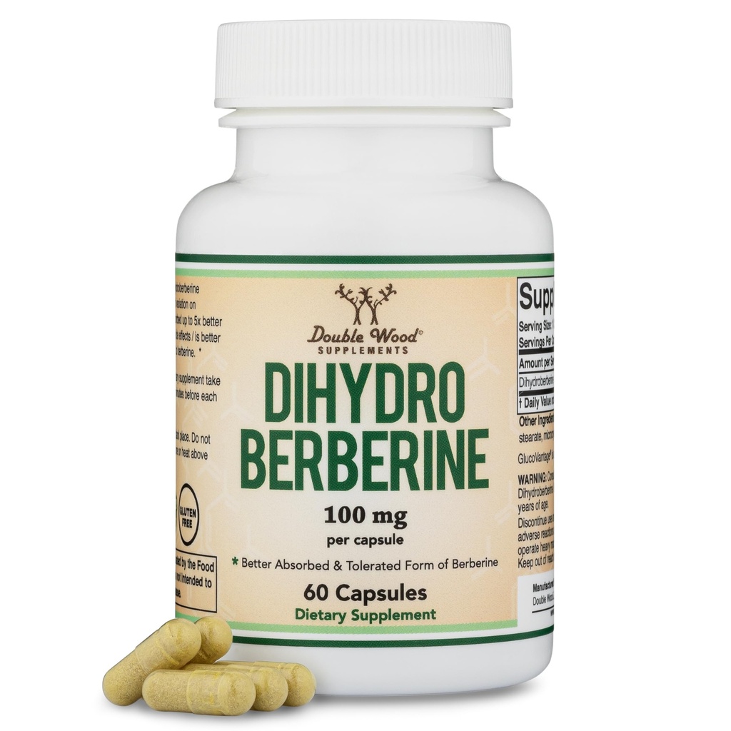 Dihydroberberine Supplement 100mg, 60 kapsler (Patenteret GlucoVantage Super Berberine, kan være 5X mere effektiv end Berberine med færre bivirkninger) Tredjeparts testet, Vegan Safe by Double Wood