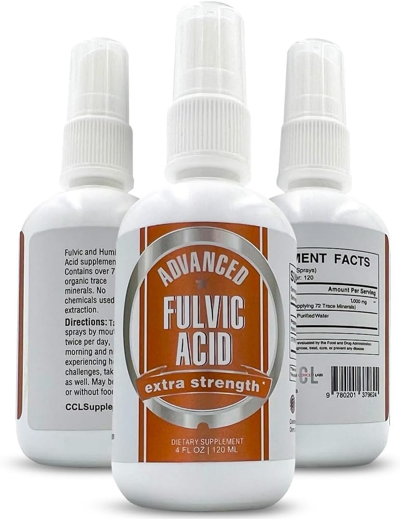 Avanceret Fulvic Acid og Humanic Acid Trace Mineral Liquid Spray supplement. 70 + Ionic Organic Vital Minerals & Electrolytes, Lignende fordele ved Shilajit & Drops (4 oz, 120 Servere)