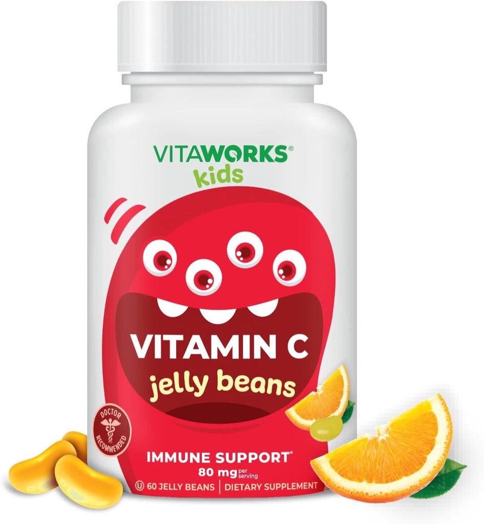 Kids Vitamin C Jelly Beans 80mg - Tasty Natural Orange Blast Flavor - Vegan, GMO- Free, Gluten Free, Nut Free Vitaminer - Kosttilskud - for immunforsvar - for børn - 60 Jellies