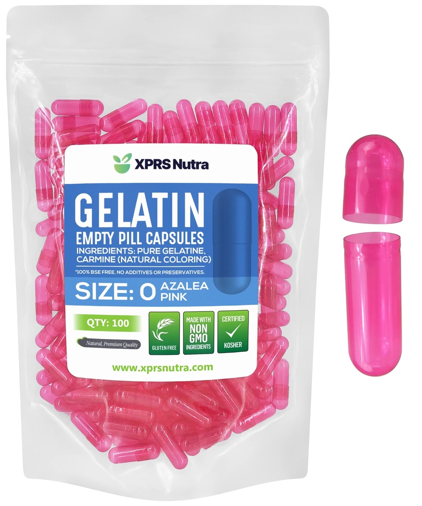 XPRS Nutra Størrelse 0 Tomme kapsler - 100 Tomme Gelatine kapsler - Piller til det selv Capsule Fyldning - Pure Bovin Pille Gel Caps til Do- It- Yourself Kosttilskud (Azalea Pink)
