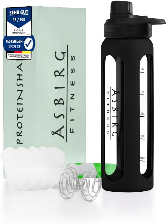 2.0 Fitness | Protein Shaker Made of Glass | Protein Shaker | Drinking Bottle | with Spiral Ball | 24 oz (Black)