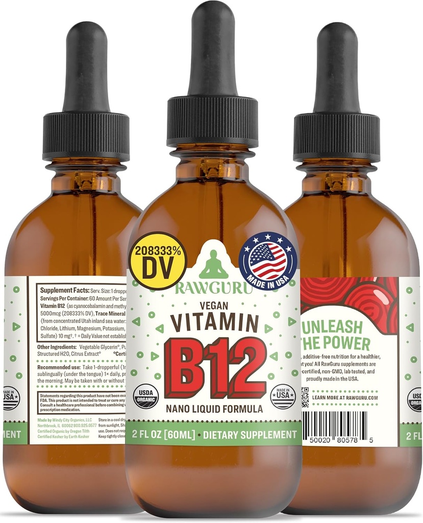 RawGuru Vitamin B12 Liquid Supplement - Økologisk Vegansk Væske B12 med Trace Minerals - Nano- Forarbejdede Antioxidant & immunforsvar Supplement Tincture - 60 Servering af Vegan Drops pr 60 ml, Pakning med 1