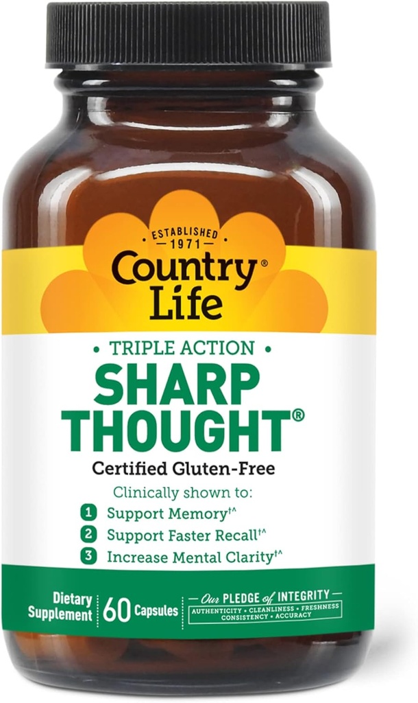 Country Life Sharp Thought - Memory & Cognitive Support Supplement - Sharp-PS Gold Phosphatidylserin + DHA - fremmer mental Klarhed & hurtigere recall - Gluten- Free, 60 kapsler