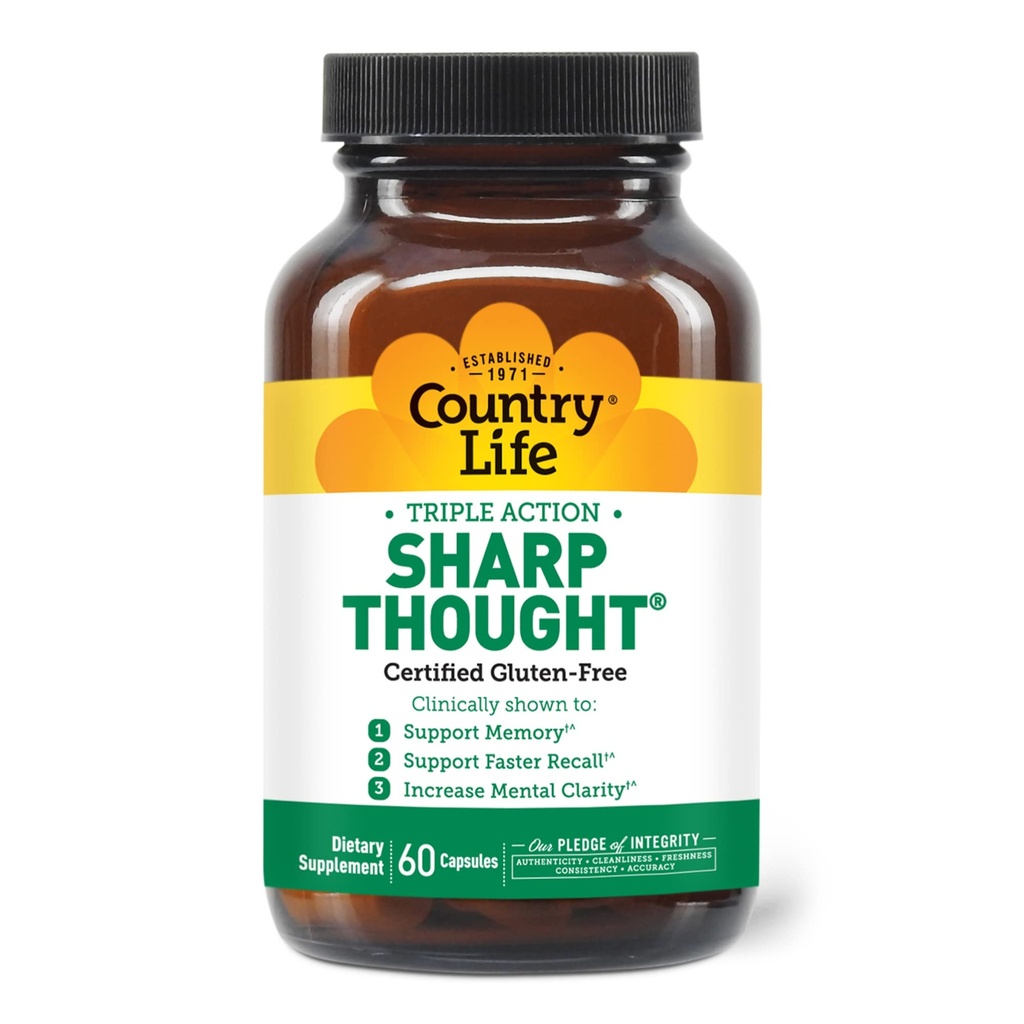 Country Life Sharp Thought - Memory & Cognitive Support Supplement - Sharp-PS Gold Phosphatidylserin + DHA - fremmer mental Klarhed & hurtigere recall - Gluten- Free, 60 kapsler