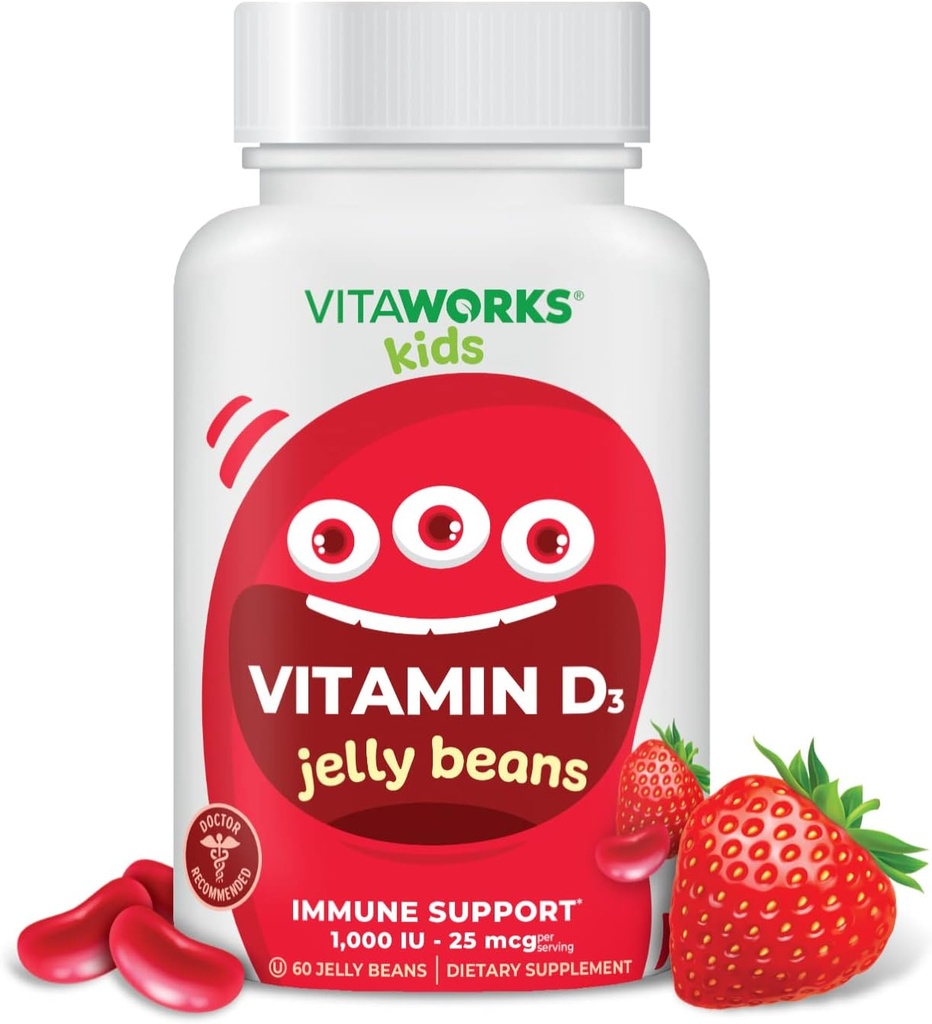 Kids D-vitamin 1000 IE Jelly Beans - Tasty Natural Strawberry Flavor, Vegetar, GMO- Free, Gluten Free, Nut Free Vitaminer - Kosttilskud til immunforsvar - for børn - 60 Jellies