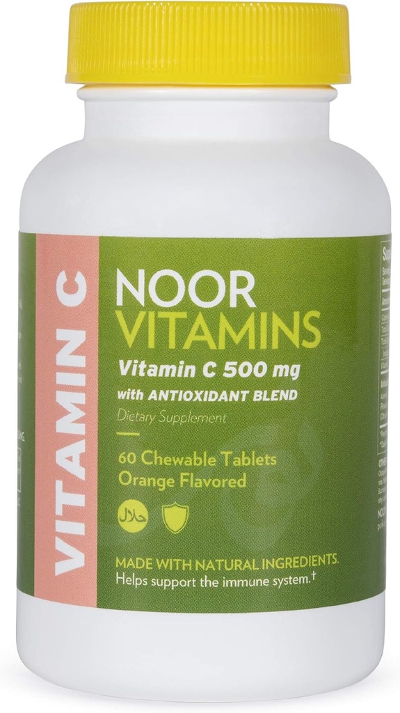 Noor Vitaminer 500 MG Halal Vitamin C tyggetabletter + Rose HIPS og antioxidanter I Support immunsystem I Vegan, Gluten Free & Halal Vitamin 60 Orange Tyggetabletter I 2 måneder Tilgang