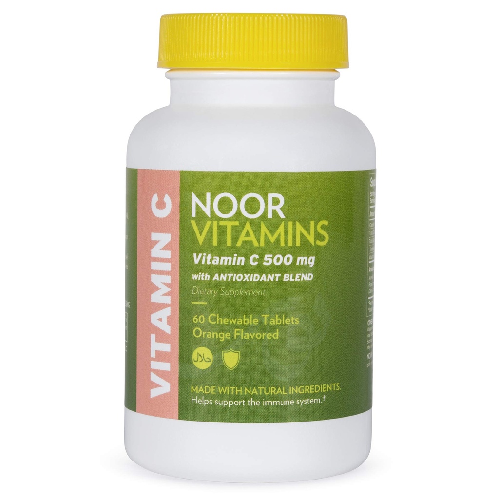 Noor Vitaminer 500 MG Halal Vitamin C tyggetabletter + Rose HIPS og antioxidanter I Support immunsystem I Vegan, Gluten Free & Halal Vitamin 60 Orange Tyggetabletter I 2 måneder Tilgang