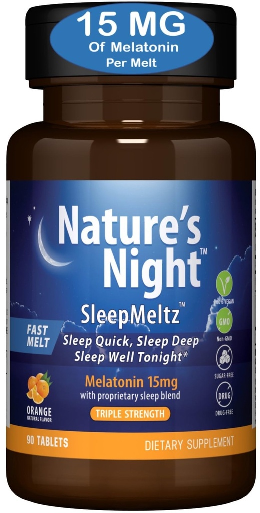 Nature 's Night Triple Strength Quick Opløs Melatonin 15mg med Supportive Blend Dex124; Natural Orange Flavor Dex124; 90 Greve Dex124; Sugar Free, Vegan, Non- GMO, Drug Free