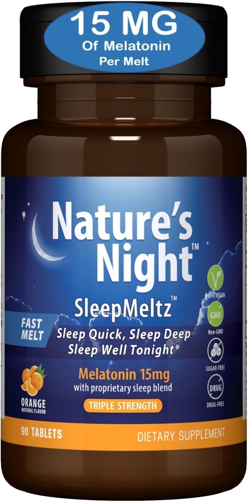 Nature 's Night Triple Strength Quick Opløs Melatonin 15mg med Supportive Blend Dex124; Natural Orange Flavor Dex124; 90 Greve Dex124; Sugar Free, Vegan, Non- GMO, Drug Free