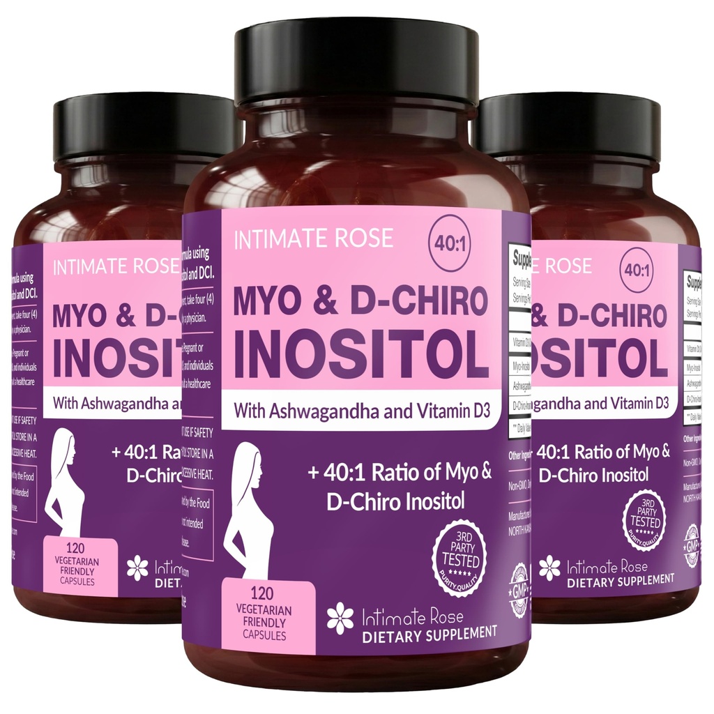 Intimate Rose Myo-Inositol & D- Chiro Inositol Blend - 40: 1 Blend Ratio - kvinders daglige wellness support - D-vitamin & Ashwagandha, 3 flasker