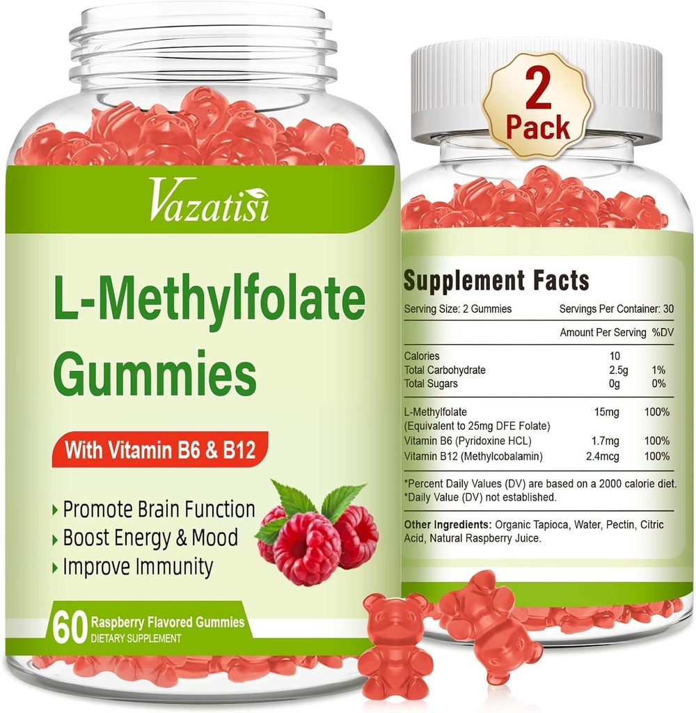 L- Methylfolat 15 mg gummies with Methyl B12, Folate Supplement for Mood, Brain Health, immunforsvar, Raspberry Flavor, 120 Greve