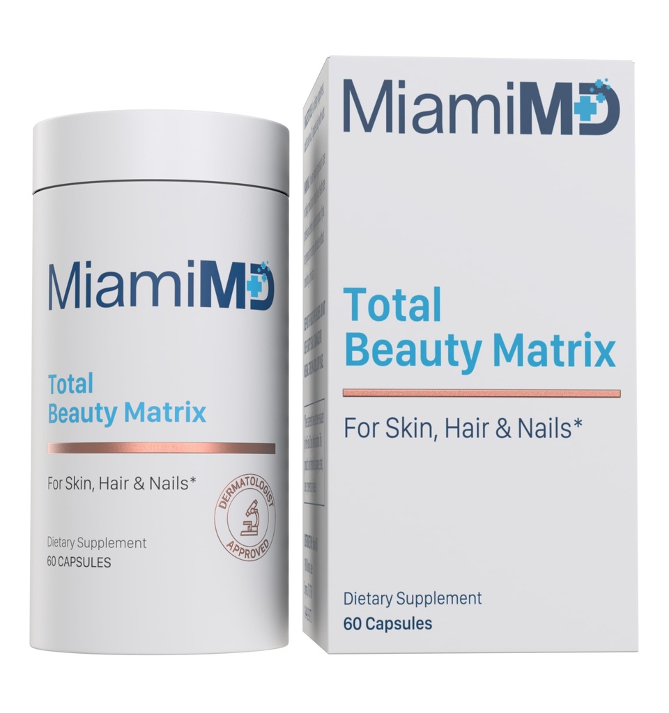 MiamiMD Total skønhed Matrix Collagen Kosttilskud til kvinder - Collagen kapsler med C-vitamin til hår, hud og negle - Cruelty Free - 60 kapsler