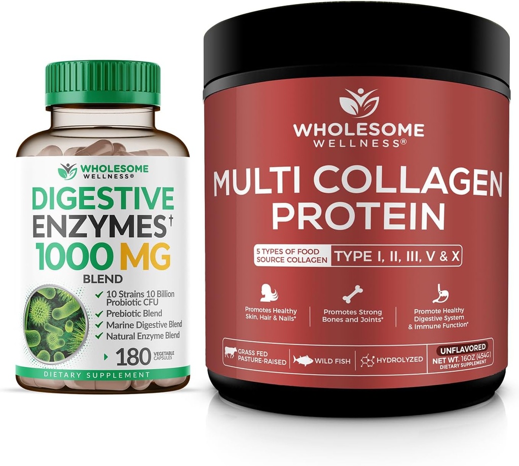 Grossisme Wellness fordøjelsesenzymer 1000MG Plus Prebiotika & Probiotika Supplement + Multi Collagen Protein Powder Hydrolyseret (type I II III V X) Bundle