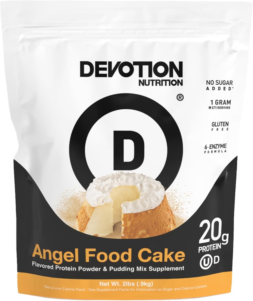 Hengivenhed Nutrition Protein Powder Angel Food Cake - 20g Whey Isolate & Casein Protein Blend - Ingen tilsat sukker, Lav Carb, Gluten- fri, Keto- Friendly, 1g MCT, Kosher - 2lb Pouch