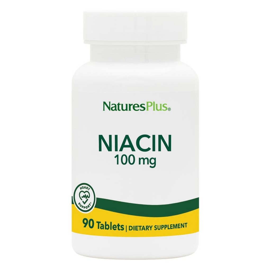 Natures Plus Niacin - 100 mg, 90 Vegetariske tabletter - High Potence Vitamin B3 Supplement - Gluten- Free - 90 Servering