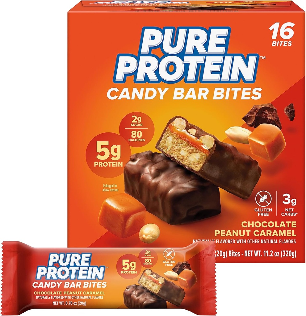 Pure Protein Candy Bar Bites, Chocolate Peanut Caramel, 5g Protein, Gluten Free, Low Sugar, 0,70 oz, 16 Pack (Packaging May Vary)