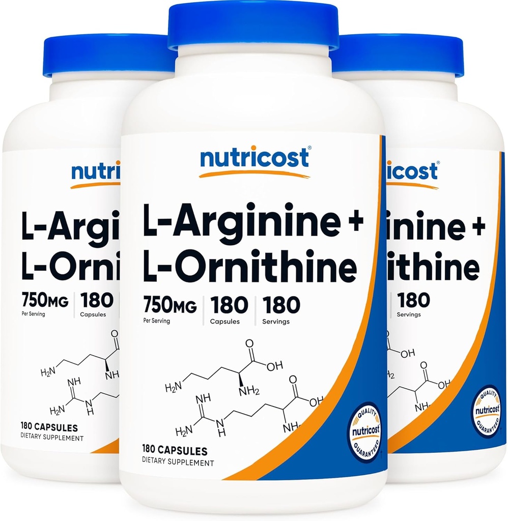 Nutricost L- Arginin L- Ornithin 750mg; 180 kapsler (3 flasker)