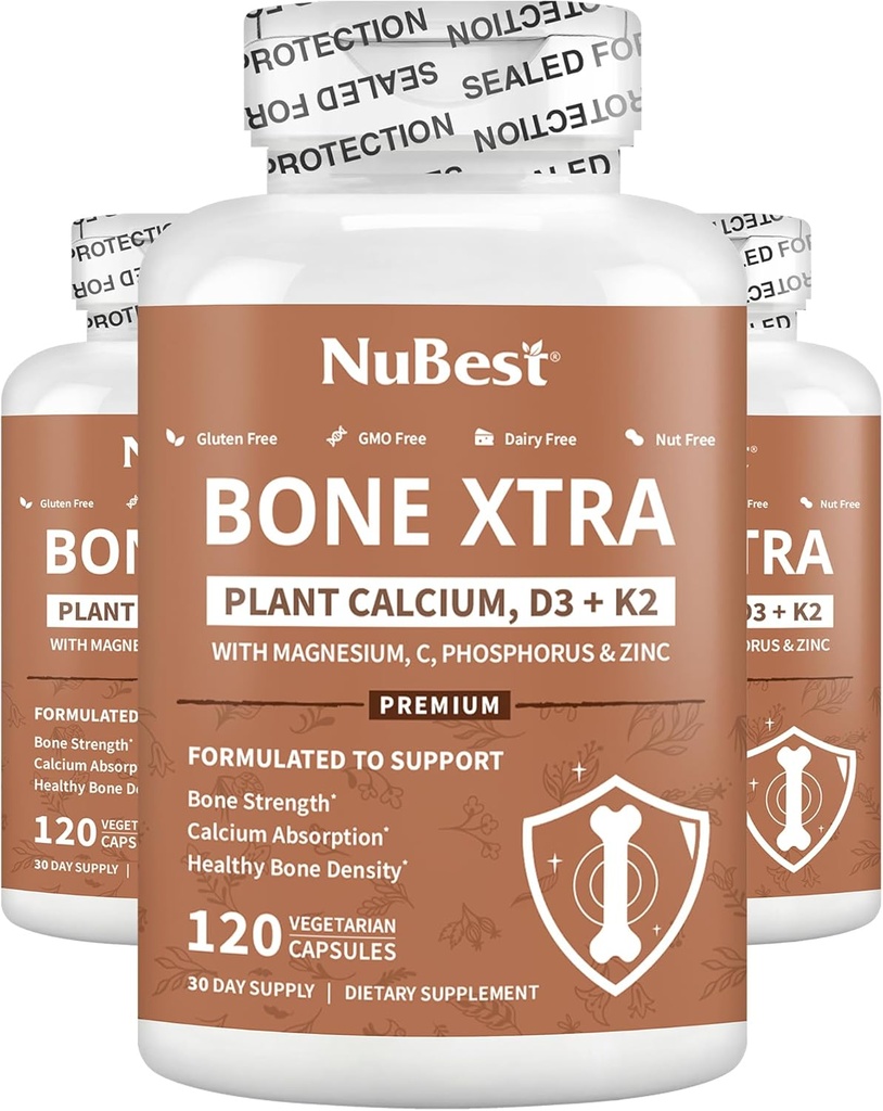 Bone Xtra - Vegan Bone Strength Formel for Stronger Bones, Plantbaseret Calcium fra Marine Alger, Vitaminer D3, Vitamin K2, Magnesium, Phosphorus & Mere for Teens, Voksne - 3 Måneders Supply Department 124; 3 Pack