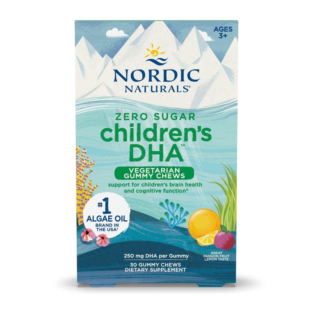 Nordic Naturals Zero Sugar Children 's DHA Vegetary Gummy Chews - Passion Fruit Lemon Flavor - 30 Gummies - Vegan Algae Oil Omega-3 Supplement til Kids Brain & Cognition Support - 30 Servering