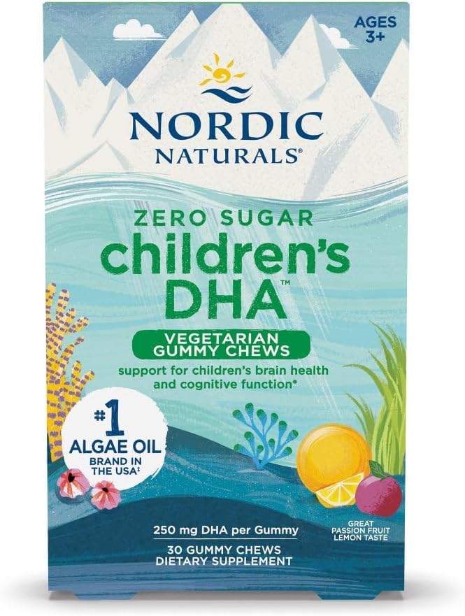 Nordic Naturals Zero Sugar Children 's DHA Vegetary Gummy Chews - Passion Fruit Lemon Flavor - 30 Gummies - Vegan Algae Oil Omega-3 Supplement til Kids Brain & Cognition Support - 30 Servering