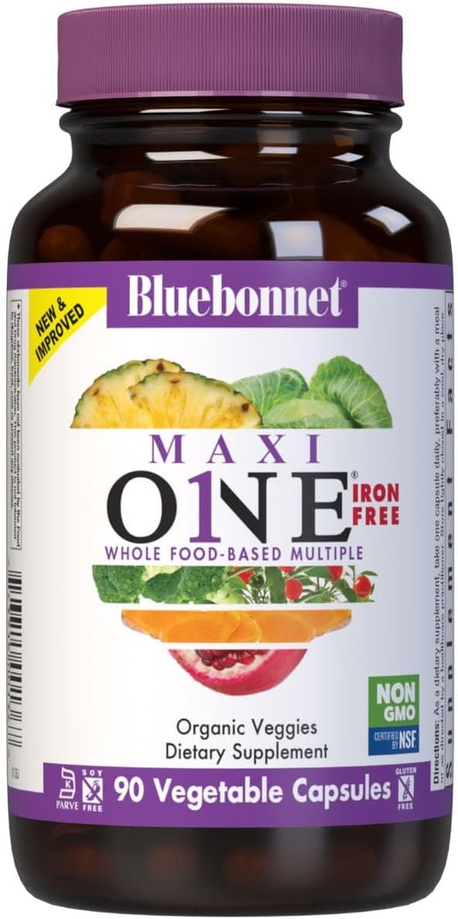 Bluebonnet Nutrition Maxi One (Iron- Free), Whole Food Multiple, Enzymes, Energy, Vitality, Gluten, Soy & Green Free, Kosher, Vegetarisk Friendly, Non- GMO, 90 Greve