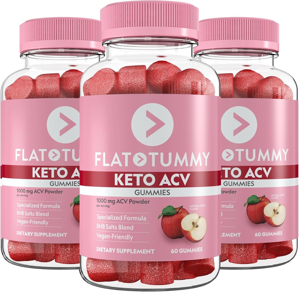 Flad Tummy Keto ACV Gummies, 60 Greve - Specialiseret Formel, Post GLP-1 Keto Supplement, Vegan- Friendly, Non- GMO - Apple Cider Vinarea Gummies, BHB Salts, Beet, Pomegranate Superfood Powders (3 Pack)