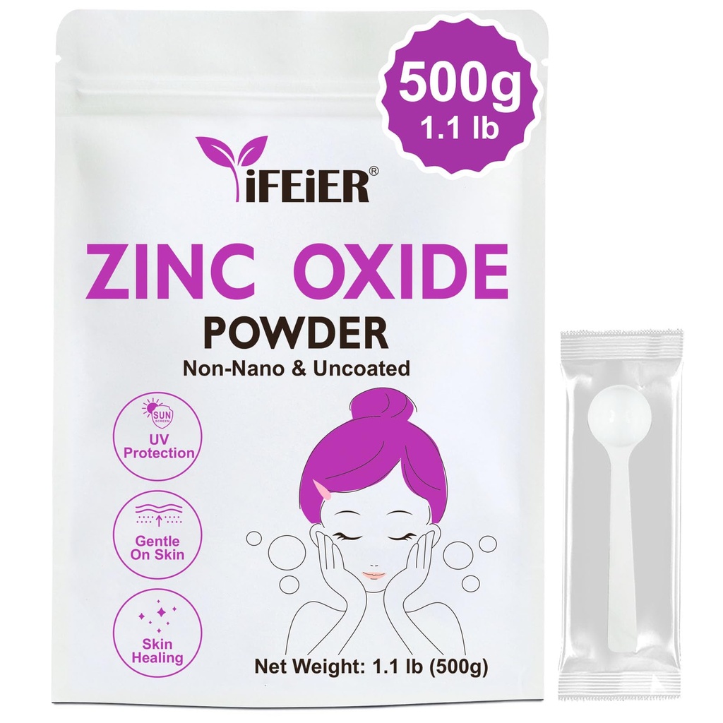iFEIER Zinkoxid Pulver • 124; 500g (1.1 lb) 100% Pure Non Nano Ucoted Zinkoxid Pulver til hudbeskyttelse • 124; Cosmetics Grade Ideel for DIY solcreme, Lotion, Deodorant, og Skincare
