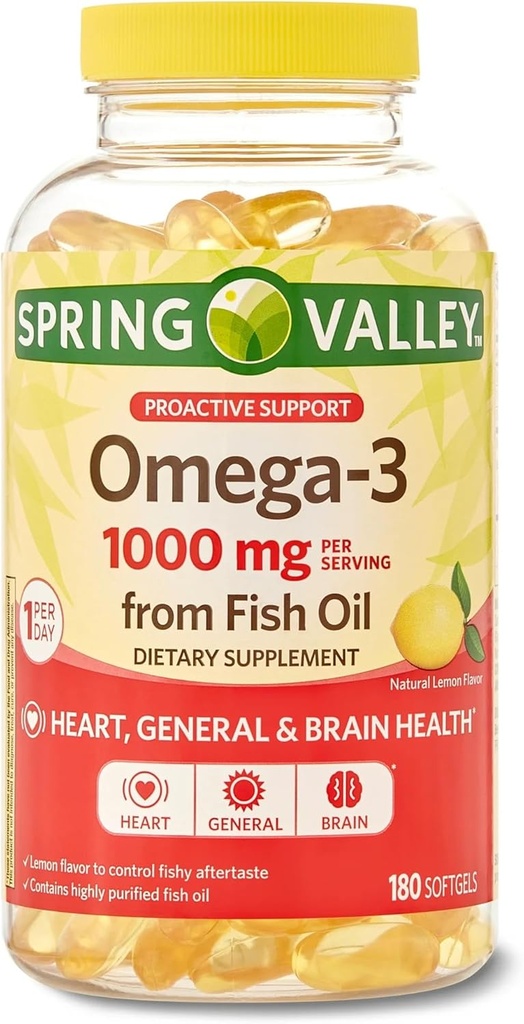 Spring Valley Omega-3 1000 mg fra Fish Oil, Heart, Brain Health, Lemon, 180 Softgels