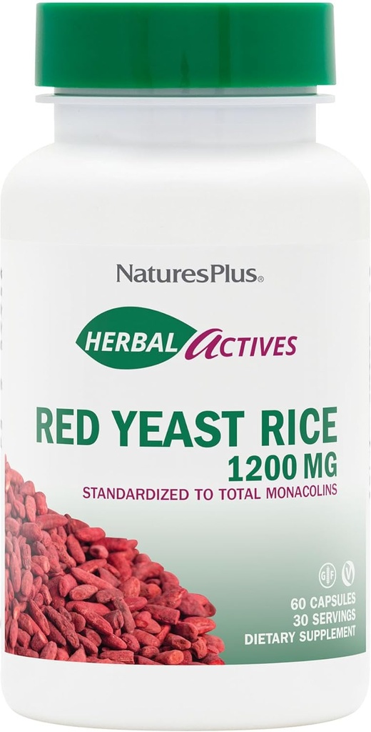 NaturesPlus Herbal Actives Red Yeast Rice 1200 mg - 60 kapsler - Non- GMO, Vegan, Gluten Free - 30 Servere