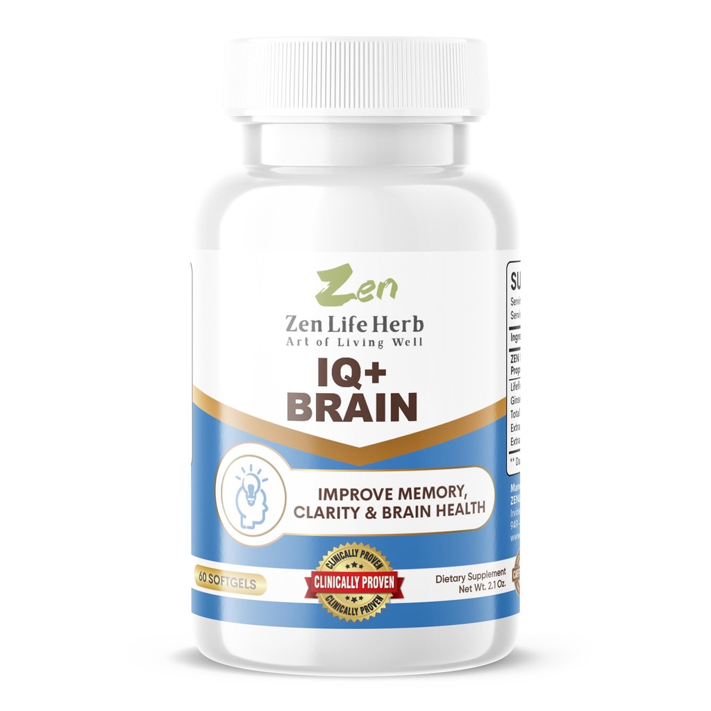 ZEN LIFE HERB IQ + Hjernefri, klinisk testet fokus, koncentration, hukommelse & energi, naturlige plantagebaserede urter supplement, ingen tilsat vitaminer / mineraler / svampe / sukker (60 bløddele)