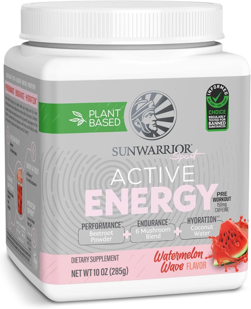 Sunwarrior Plant- Based Preworkout Powder Hydration Blend Shushroom Blend Soy Free Sugar Free Gluten Free Dairy Free Synthetic Free Budd124; Watermelon Wave 30 Servering Budding124; Sport Active Energy