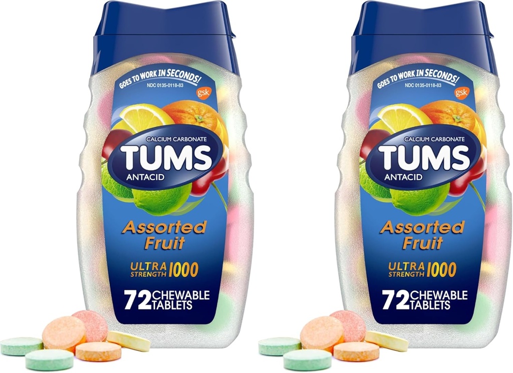 TUMS Antacid Chewable Tablets for Heartburn Relief, Ultra Strength, Assorted Fruit, 72 Tablets (Pack of 2)