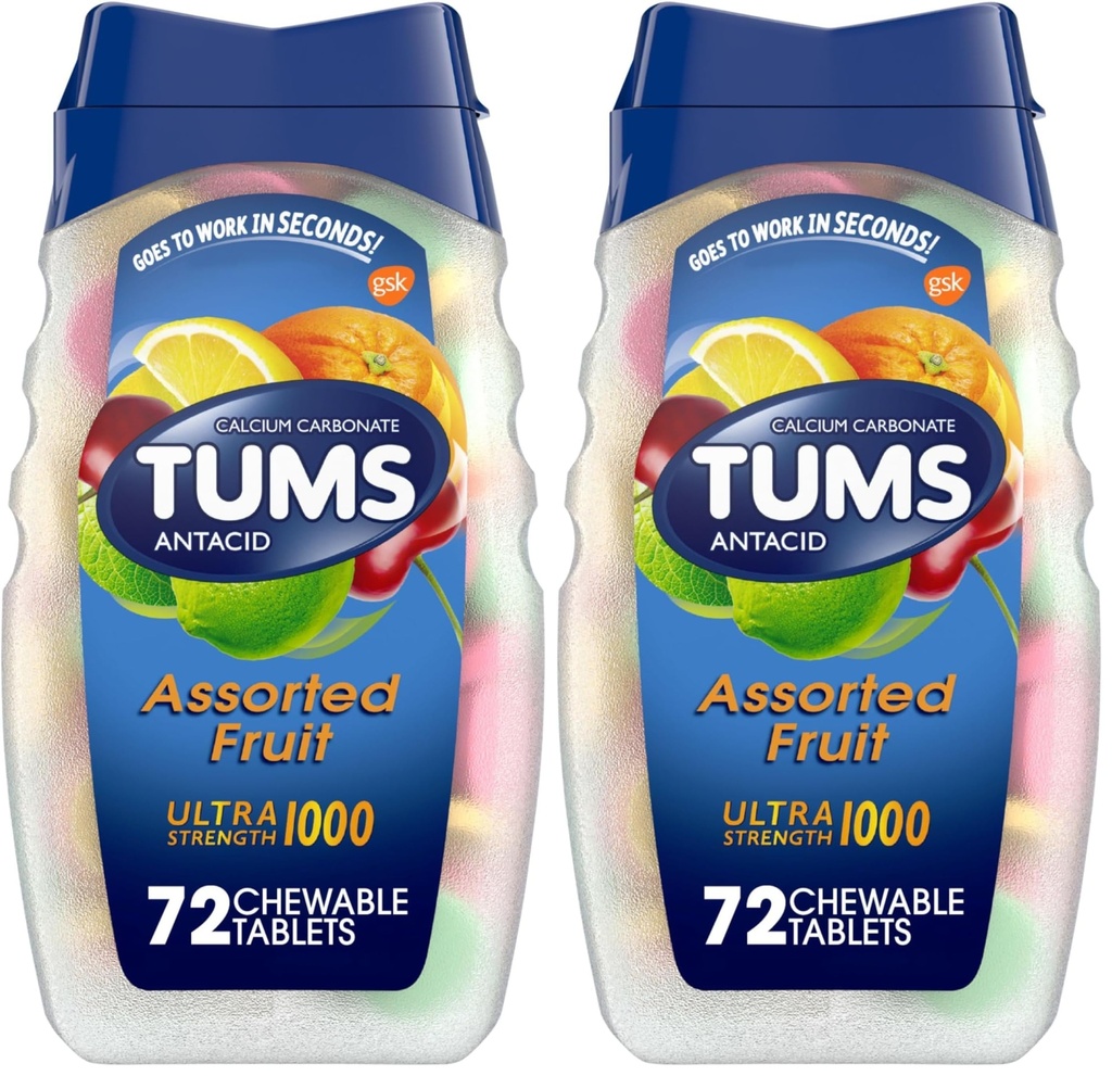 TUMS Antacida Chewable Tablets for Heartburn Relief, Ultra Strength, Assorted Fruit, 72 Tablets (Pack of 2)