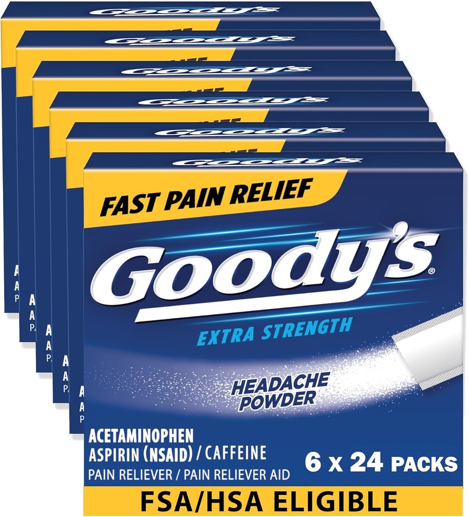 Goody 's Heache Powder Extra Strength Pain Relief, Triple Action Heache Relief med Aspirin, Acetaminophen & Koffein, 24 Greve, Pakke med 6