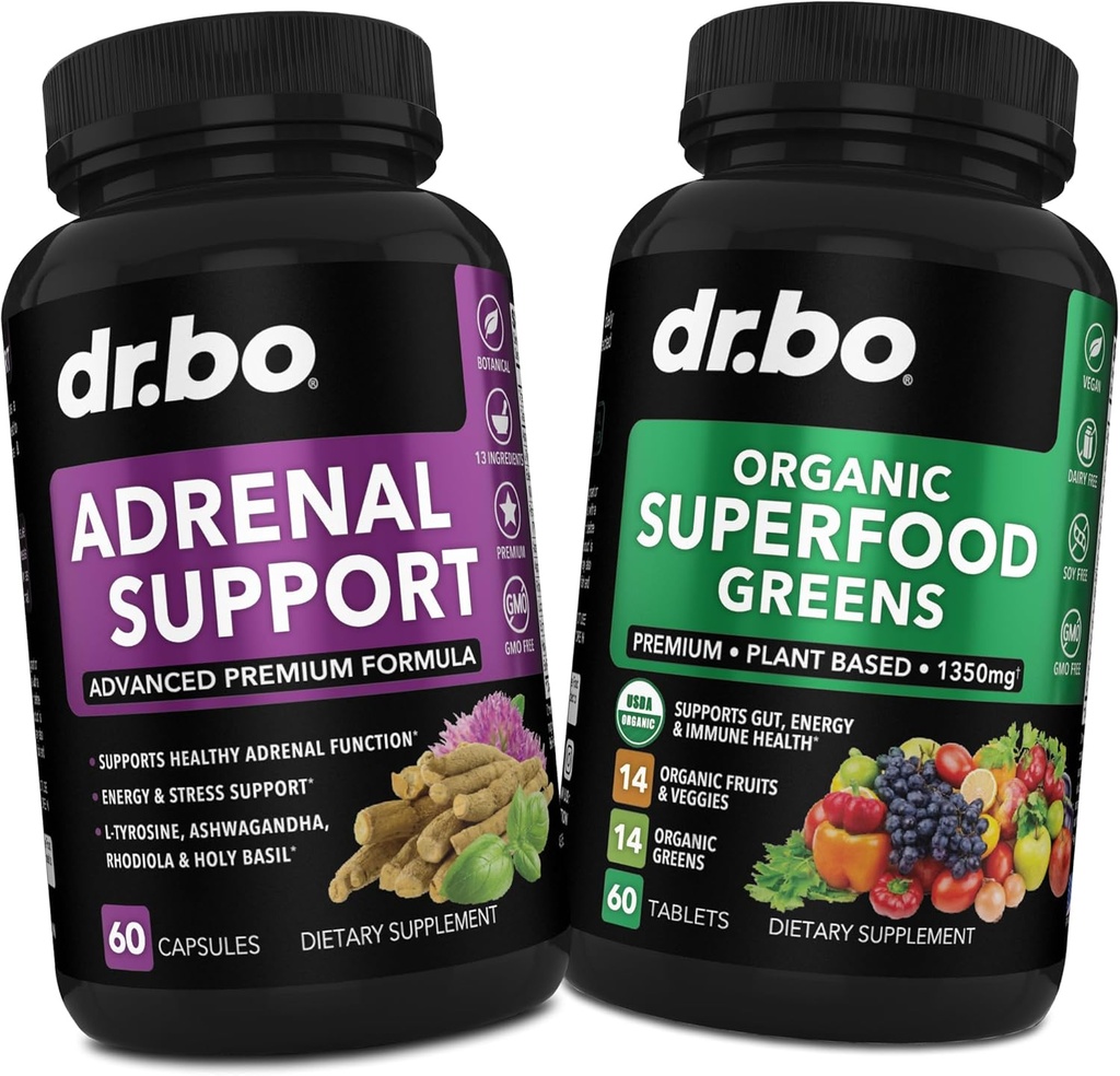 Adrenal Support & Organic Superfood Green & Fruit Supplements - Daily Energy Super Food Fruits and Veggies Supplement Tablets Plus Vegetabilske fødevarer
