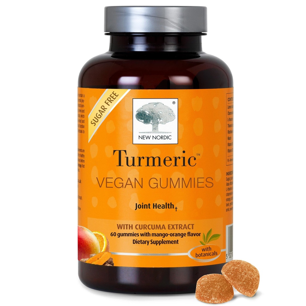 NY NORDIC Gurkemeje Gummies, Sugar Free, 300 mg Gurkemeje Supplement til mænd og kvinder, Understøtter Normalt Funktionsjoint, Knætter, Skuldre, Mango Orange, 60 Greve