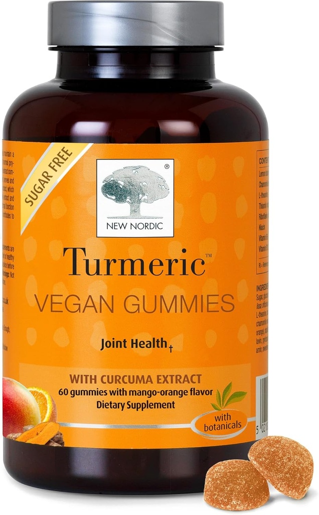 NY NORDIC Gurkemeje Gummies, Sugar Free, 300 mg Gurkemeje Supplement til mænd og kvinder, Understøtter Normalt Funktionsjoint, Knætter, Skuldre, Mango Orange, 60 Greve