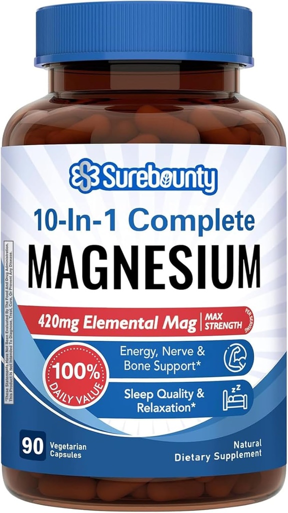 Magnesiumkompleks, 10- in-1 Formel, 420mg Elemental Mag Per Servering, Magnesiumglycinat, Malat, Citrat, Høj Absorption, Bone & Afslapning, 90 Caps