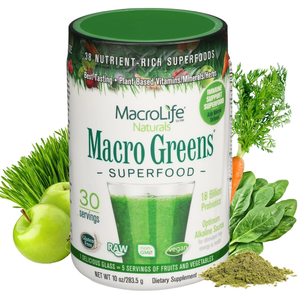 Macro Green Superfood Powder - 38 Superfood med Probiotika, fordøjelsesfremmende enzymer & Adaptogens