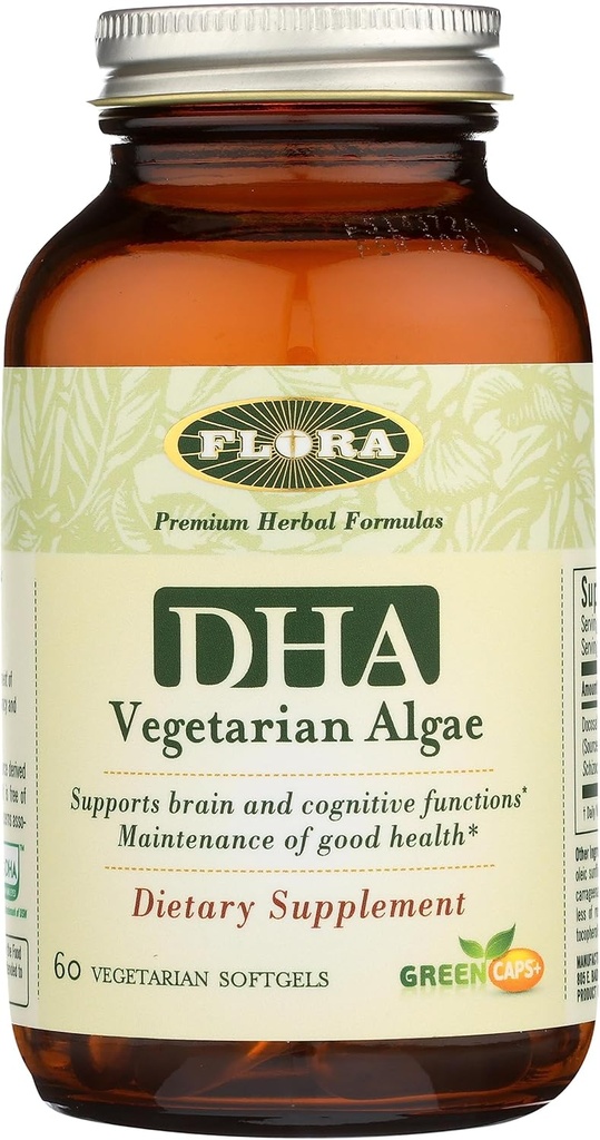 Flora - DHA Vegetar Algae GreenCaps Plus - Brain & Heart Health - Aids Samlet sundhed under graviditet - For Brain & Nervesystemet - Giver Omega-3 - Vegan & Sustainable - 60 Vegetar Softgels