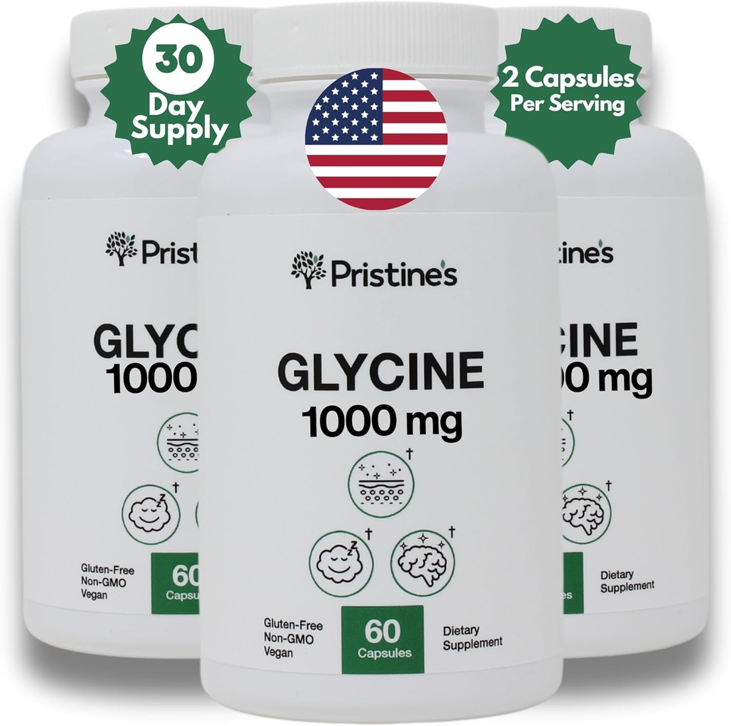 PRISTINE 'S Glycine 1000MG Aminosyre supplement dvalestøtte kapsler (3- Pack) - 90 dages forsyning - Muskel Inddrivelse, Nyre Sundhed & Collagen formering produktionsstøtte