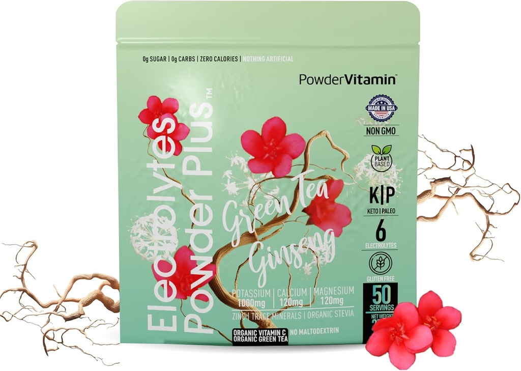 PowderVitamin Electrolytes Powder Plus (50 Servere) Green Tea Ginseng Electrolyte Powder Keto, Sugar Free, Pink Himalayan Salt, 1000mg Kalium, 120mg Calcium, 120mg Magnesium, Hydrationspulver