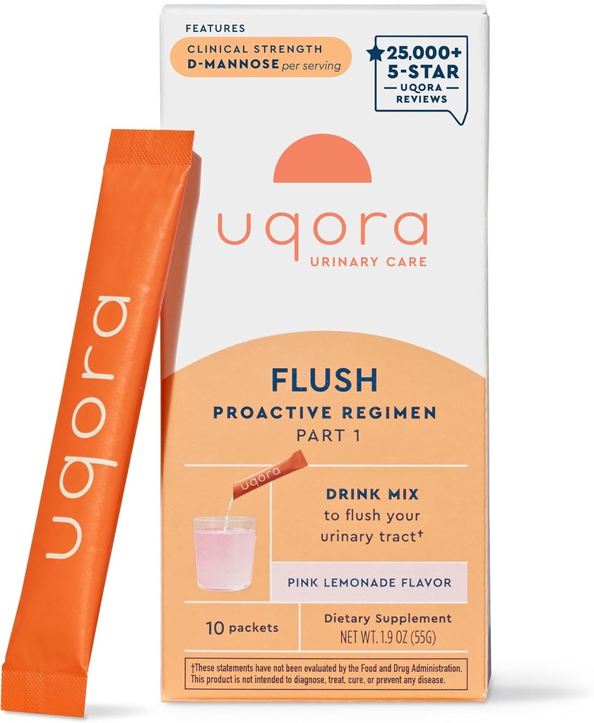 Uqora Flush - Vandladning * med D- Mannose, C-vitamin, B6-vitamin, kalium, Magnesium & Calcium - Glutenfri & Vegan - Pink Lemonade Flavor - 10 Pakninger (1 pakke)