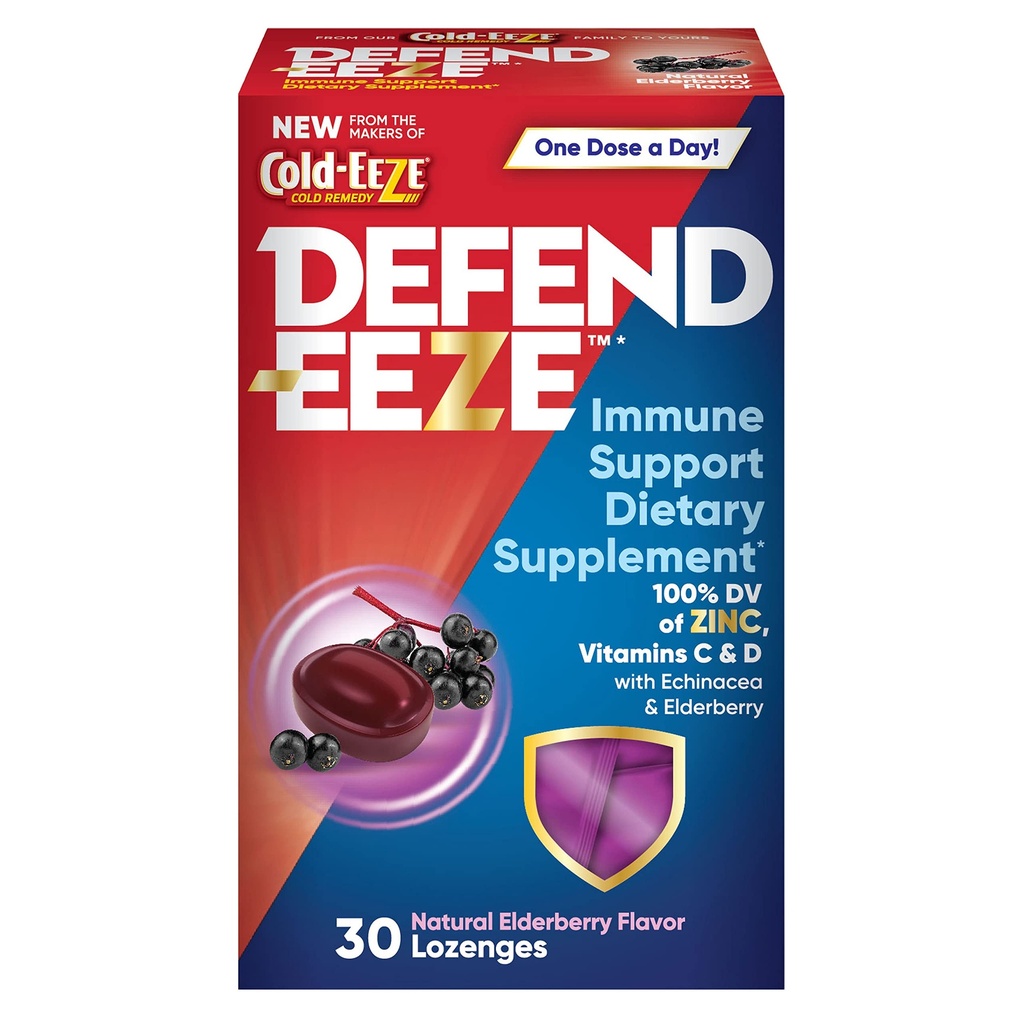 Defend- EEZE immunforsvar Kosttilskud Lozenges, 100% Daglig værdi af zink, Vitaminer C & D per dosis, med Echinacea & Elderberry, Elderberry Flavor, 30 Lozenges