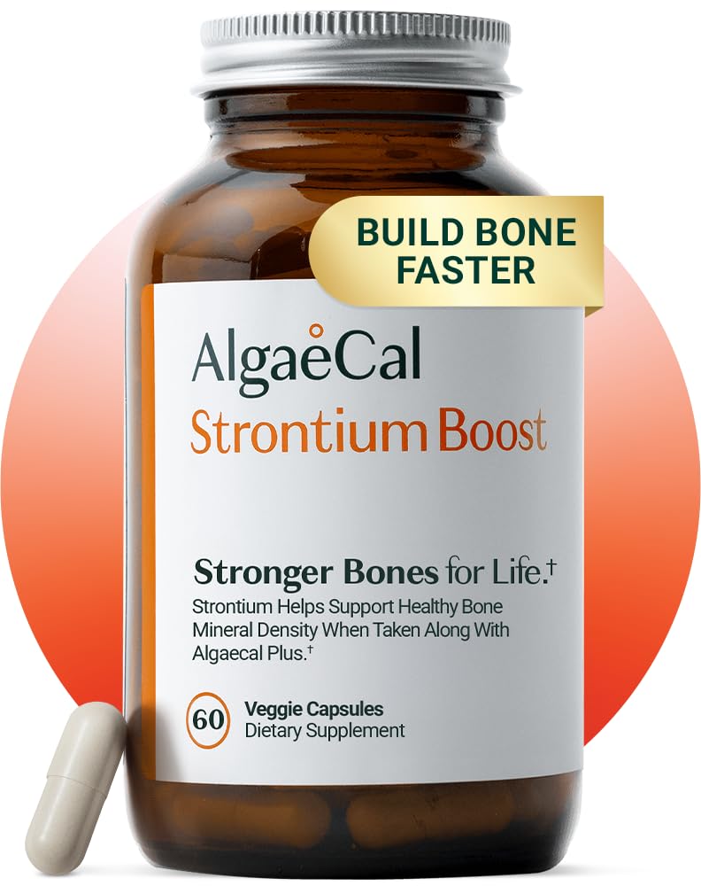 AlgaeCal - Strontium Boost, Natural Calcium Supplement for Bone Density Increase, Strontium Citrate 680 mg, Let at synke for Bone Health & Bone Styrke, Gluten- Free - 60 Veggie Caps- Fremstillet i USA