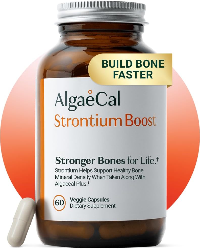 AlgaeCal - Strontium Boost, Natural Calcium Supplement for Bone Density Increase, Strontium Citrate 680 mg, Let at synke for Bone Health & Bone Styrke, Gluten- Free - 60 Veggie Caps- Fremstillet i USA